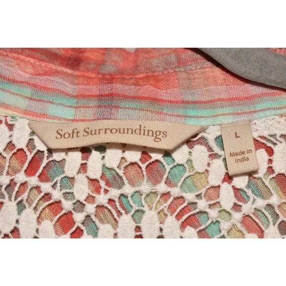 SOFT SURROUNDINGS $89 Lani Shores Guaze Cotton Plaid Lace Button-Up Tunic Large - Picture 5 of 5